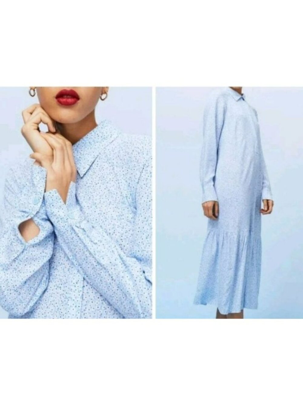 H&M Blue Shirt Dress Ditsy Floral Midi Maxi Tiered Boho Cottagecore Flowy XL
